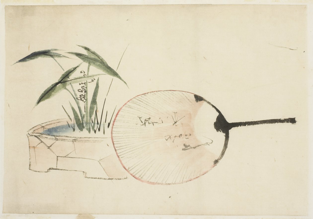Fächer und Pflanzenarrangement von Katsushika (school of) Hokusai