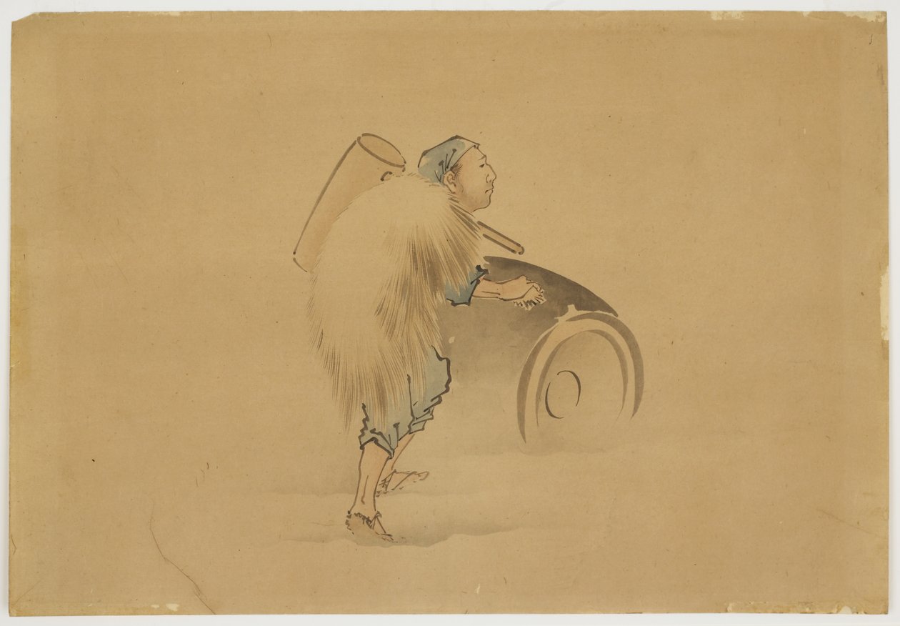Mann mit Hammer rollt Fass, um 1850 von Katsushika (school of) Hokusai