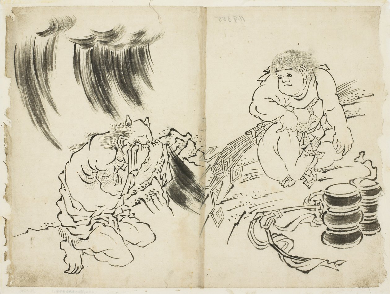 Personifikation des Sturms mit Kintaro und weinendem Oni von Katsushika (school of) Hokusai