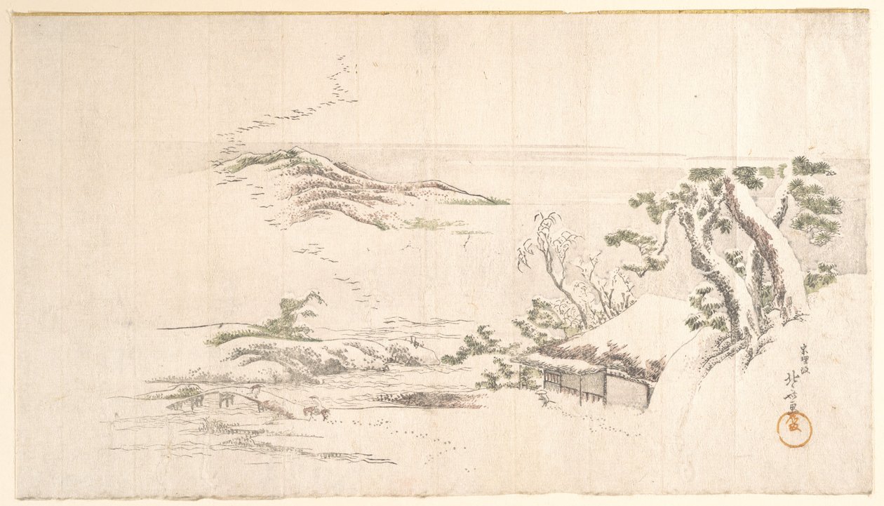 Schneebedeckte Landschaft mit grauen Wolken von Katsushika Hokusai