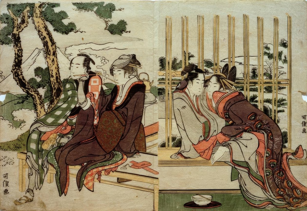 Azuma und Yogoro im Altschnee. Koman und Yosaku im Abendrot von Katsushika Hokusai