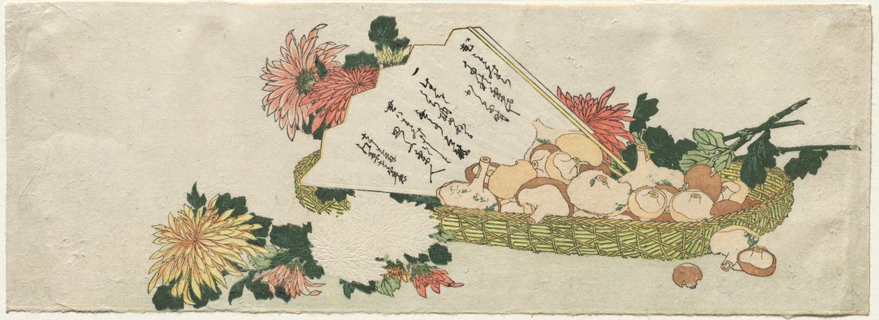 Korb mit Fächer, Chrysanthemen und Pilzen, frühes 19. Jahrhundert von Katsushika Hokusai