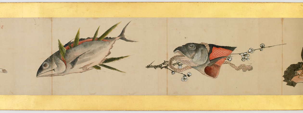 Detail einer Bildrolle mit verschiedenen Bildern, Edo-Periode von Katsushika Hokusai