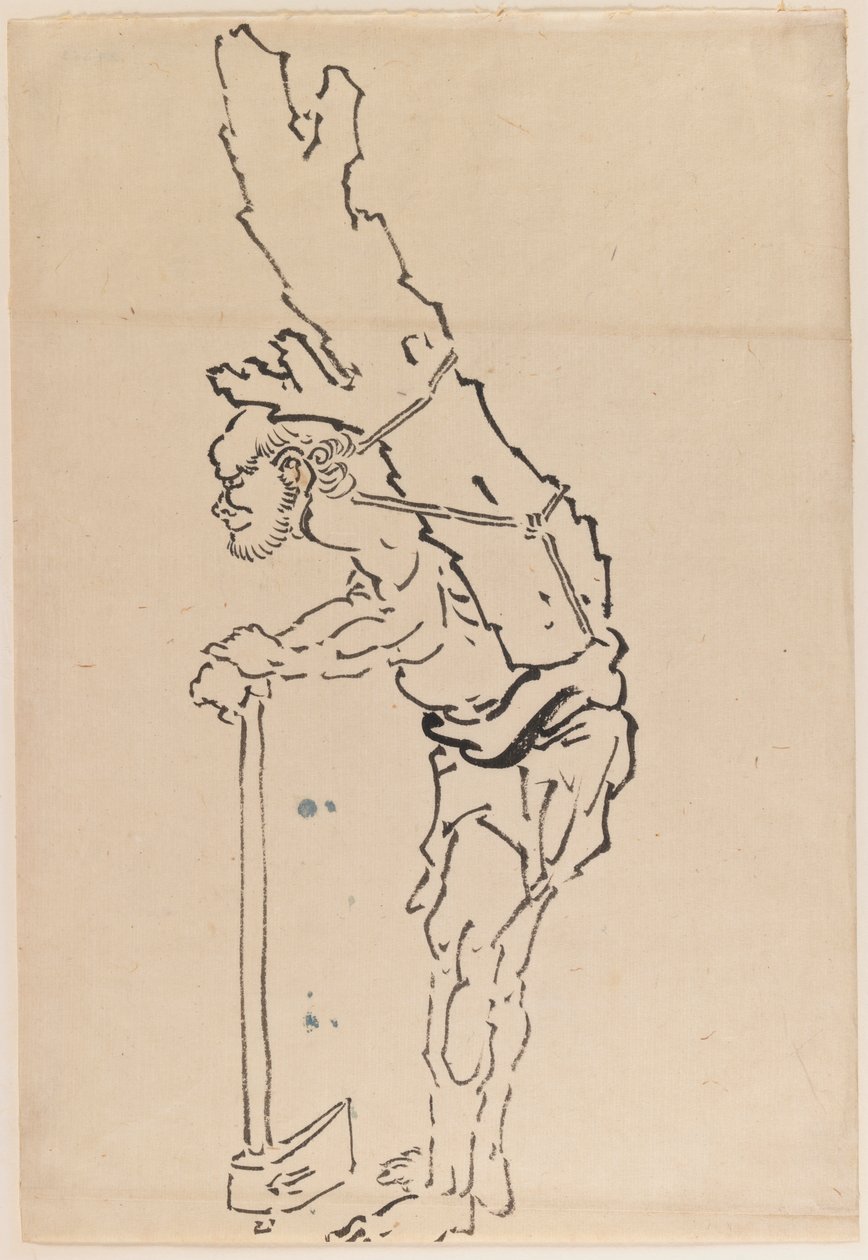 Zeichnung eines Mannes, der sich auf eine Axt stützt und einen Teil eines Baumstamms auf dem Rücken trägt von Katsushika Hokusai