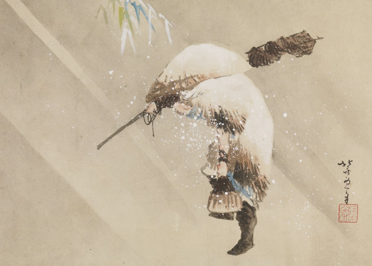 Fischer, der sein Netz im Schnee trägt, ca. 1821 von Katsushika Hokusai