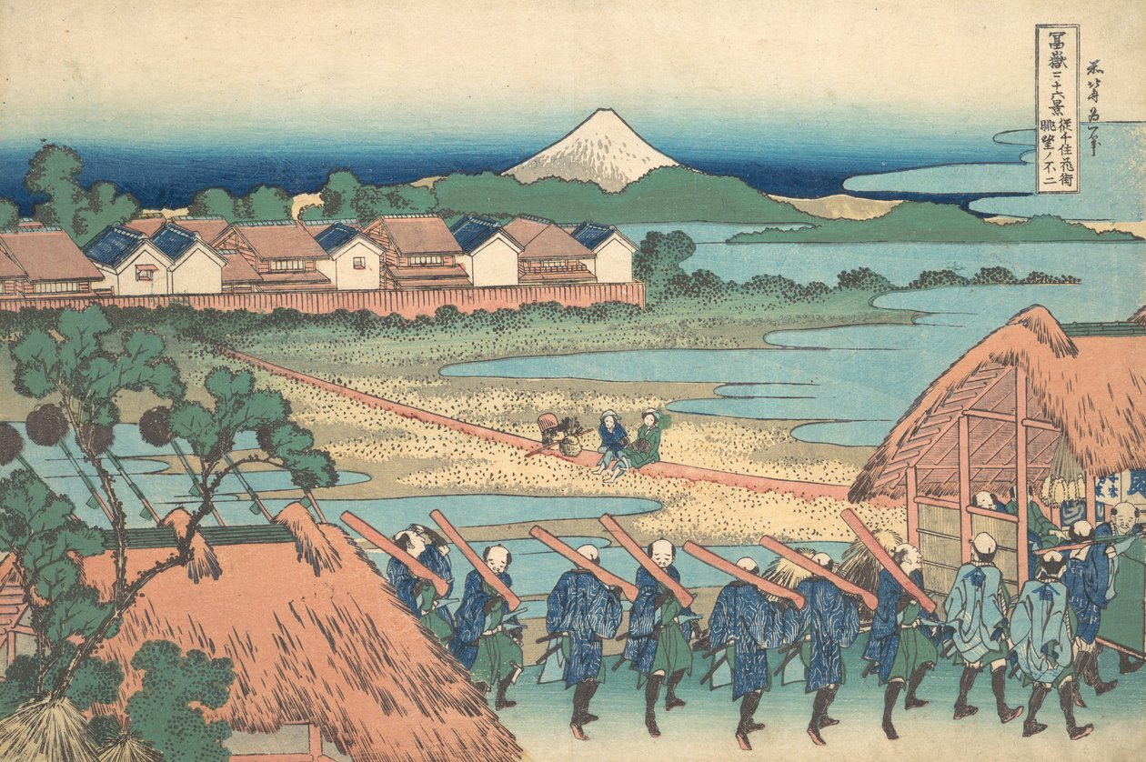 Fuji in der Ferne vom Vergnügungsviertel Senju gesehen, ca. 1830-32 von Katsushika Hokusai