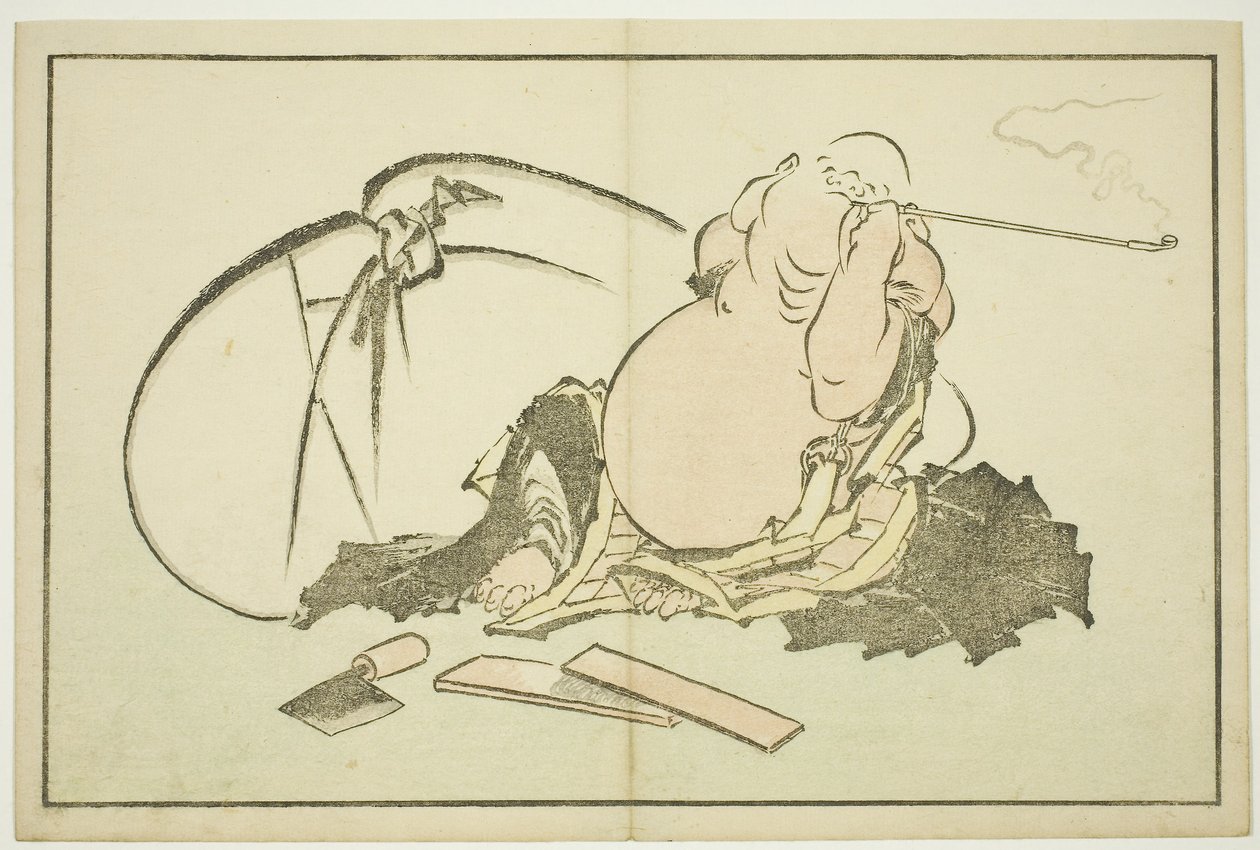 Hotei raucht seine Pfeife, aus Das Bilderbuch der realistischen Malereien von Hokusai, ca. 1814 von Katsushika Hokusai