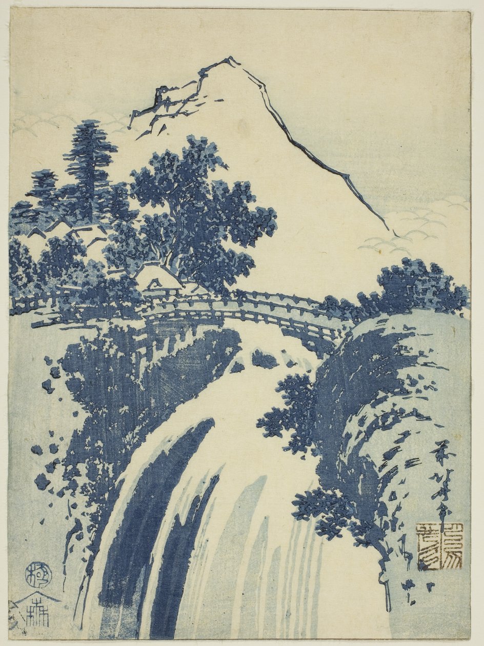 Landschaft mit Wasserfall, aus einer unbetitelten Serie von Chuban-Drucken von Katsushika Hokusai