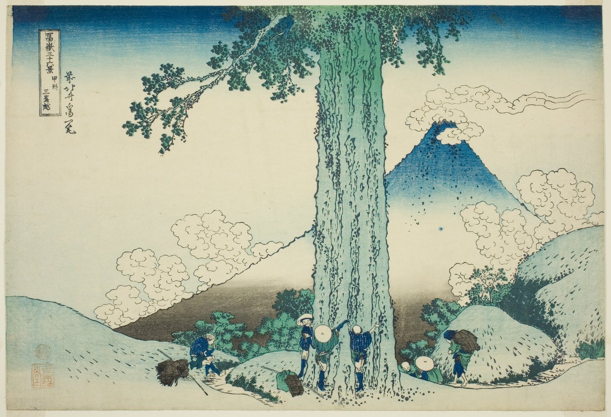 Mishima-Pass in der Provinz Kai (Koshu Mishimagoe), aus der Serie "Sechsunddreißig Ansichten des Berges Fuji (Fugaku sanjurokkei)" von Katsushika Hokusai