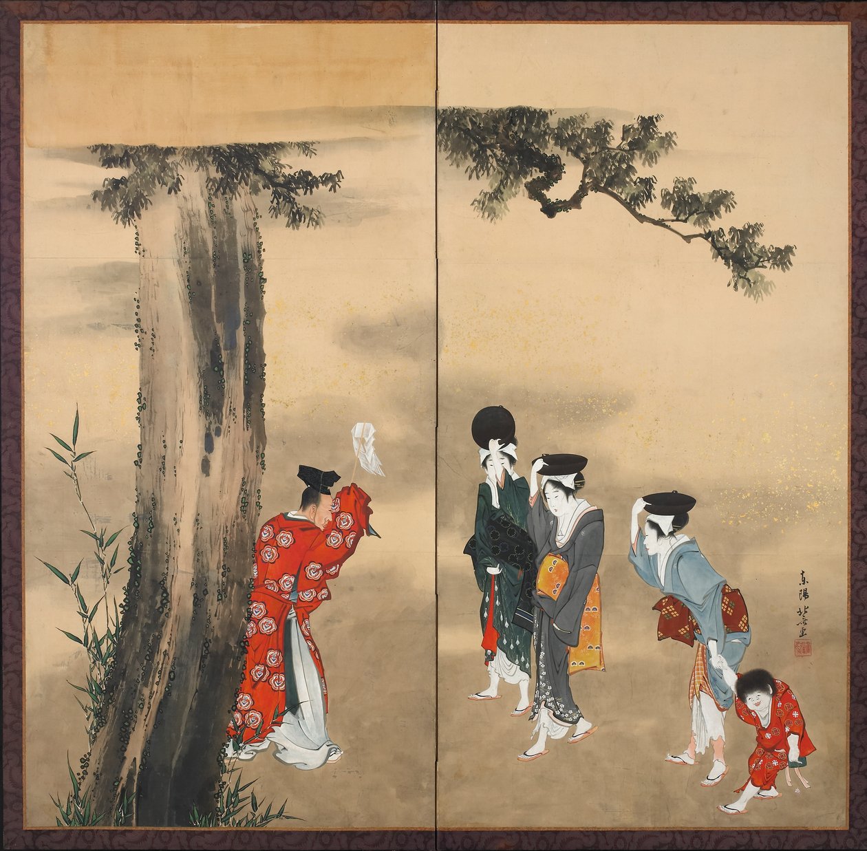 Papier-Zweifachschirm: Ein Shinto-Priester, drei Frauen und ein Kind unter einem Kiefernbaum, Edo-Periode, ca. 1799-1801 von Katsushika Hokusai