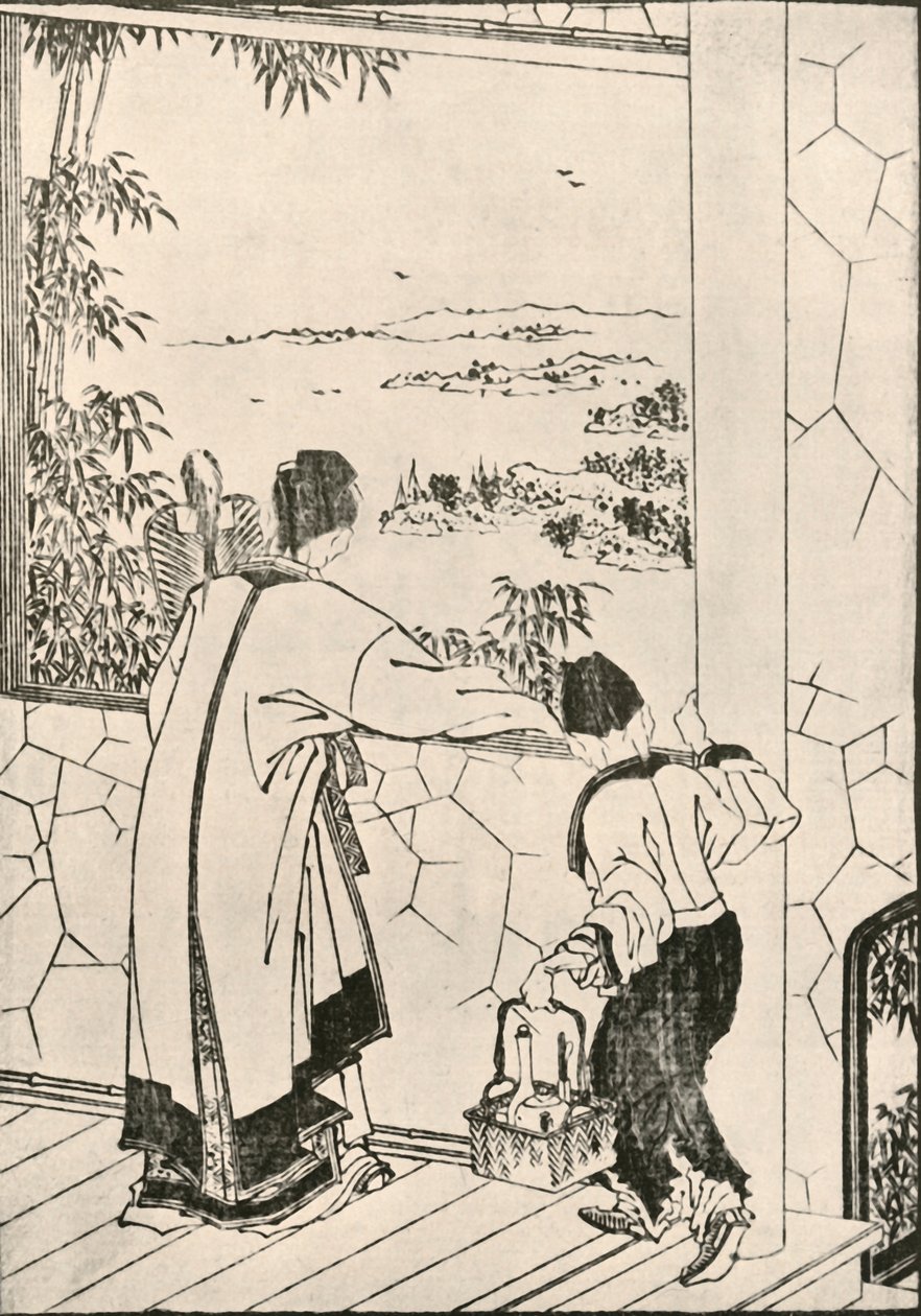 Menschen, die aus einem Fenster schauen, spätes 18. - frühes 19. Jahrhundert, 1924 von Katsushika Hokusai