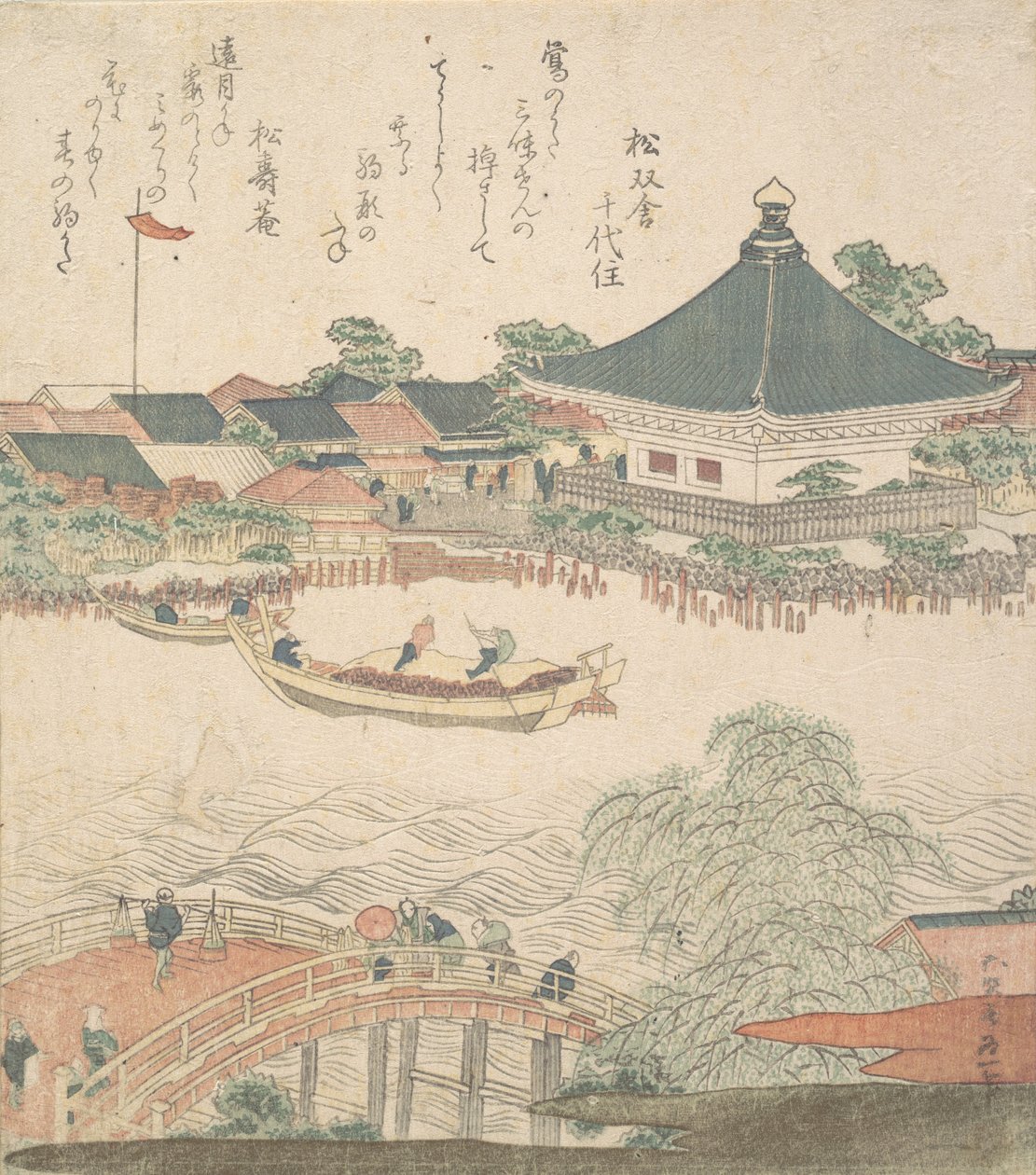 Flussszene mit Brücke im Vordergrund von Katsushika Hokusai