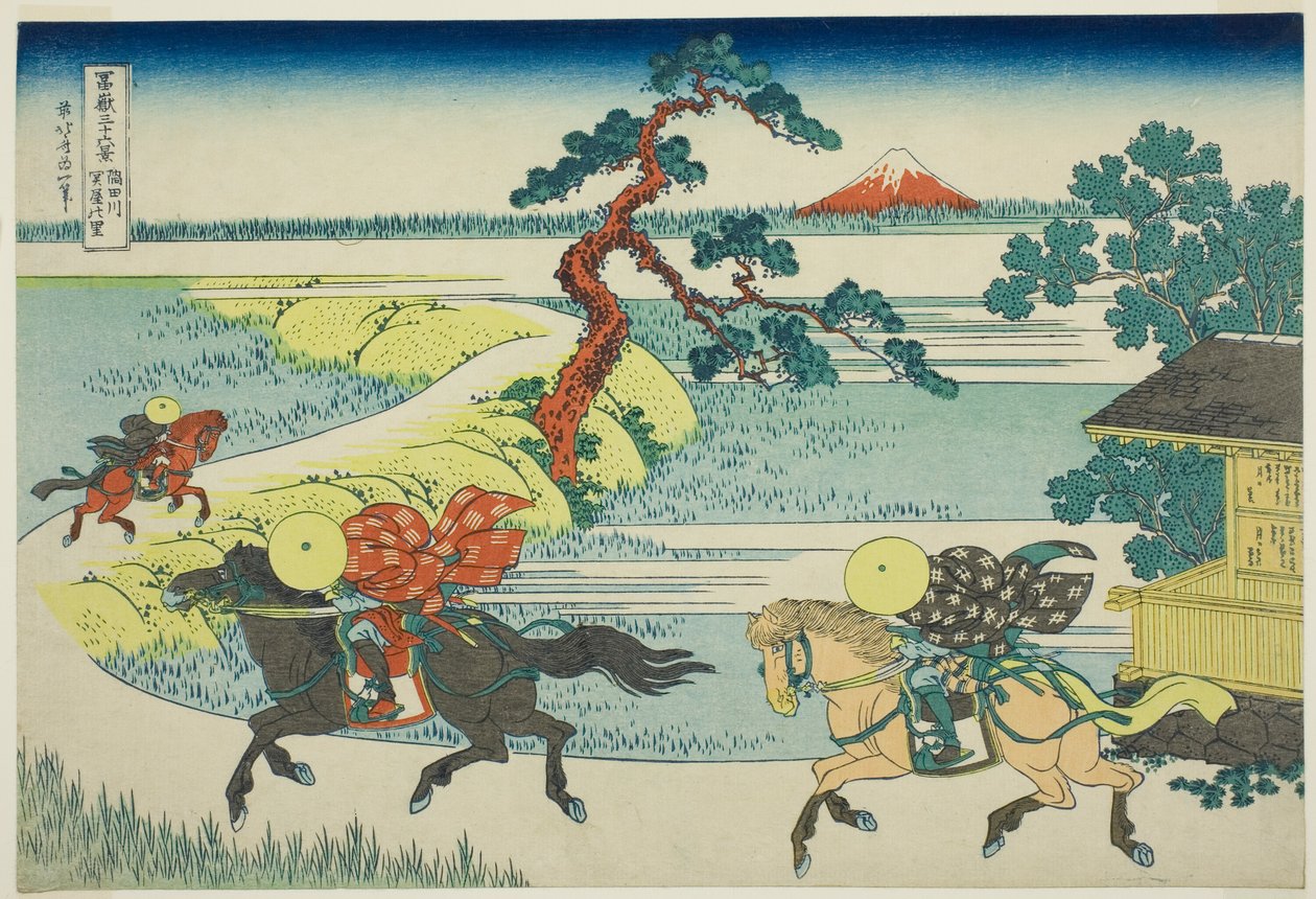Sekiya-Dorf am Sumida-Fluss (Sumidagawa Sekiya no sato), aus der Serie "36 Ansichten des Berges Fuji (Fugaku sanjurokkei)" von Katsushika Hokusai