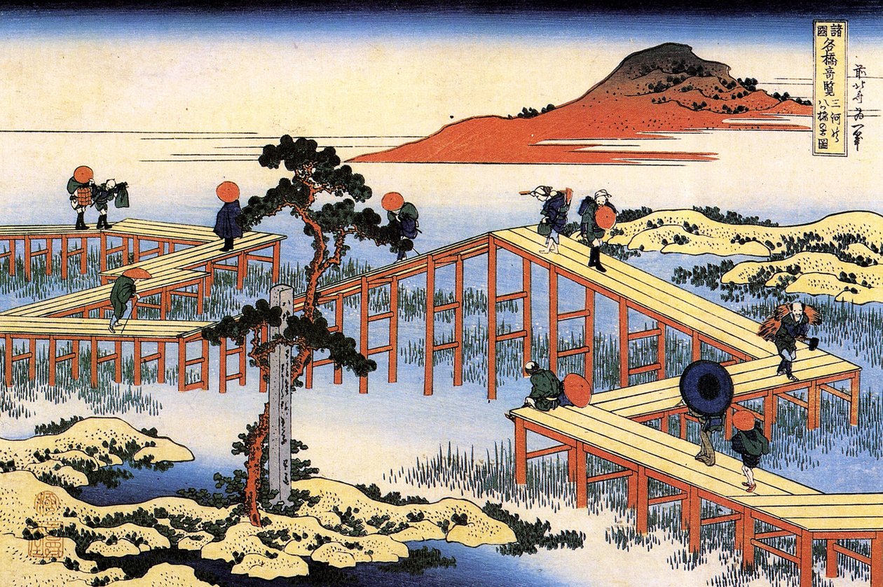 Serie bemerkenswerter Ansichten von Brücken aus verschiedenen Provinzen: Die Yatsuhashi-Brücke in der Provinz Mikawa, Japan von Katsushika Hokusai