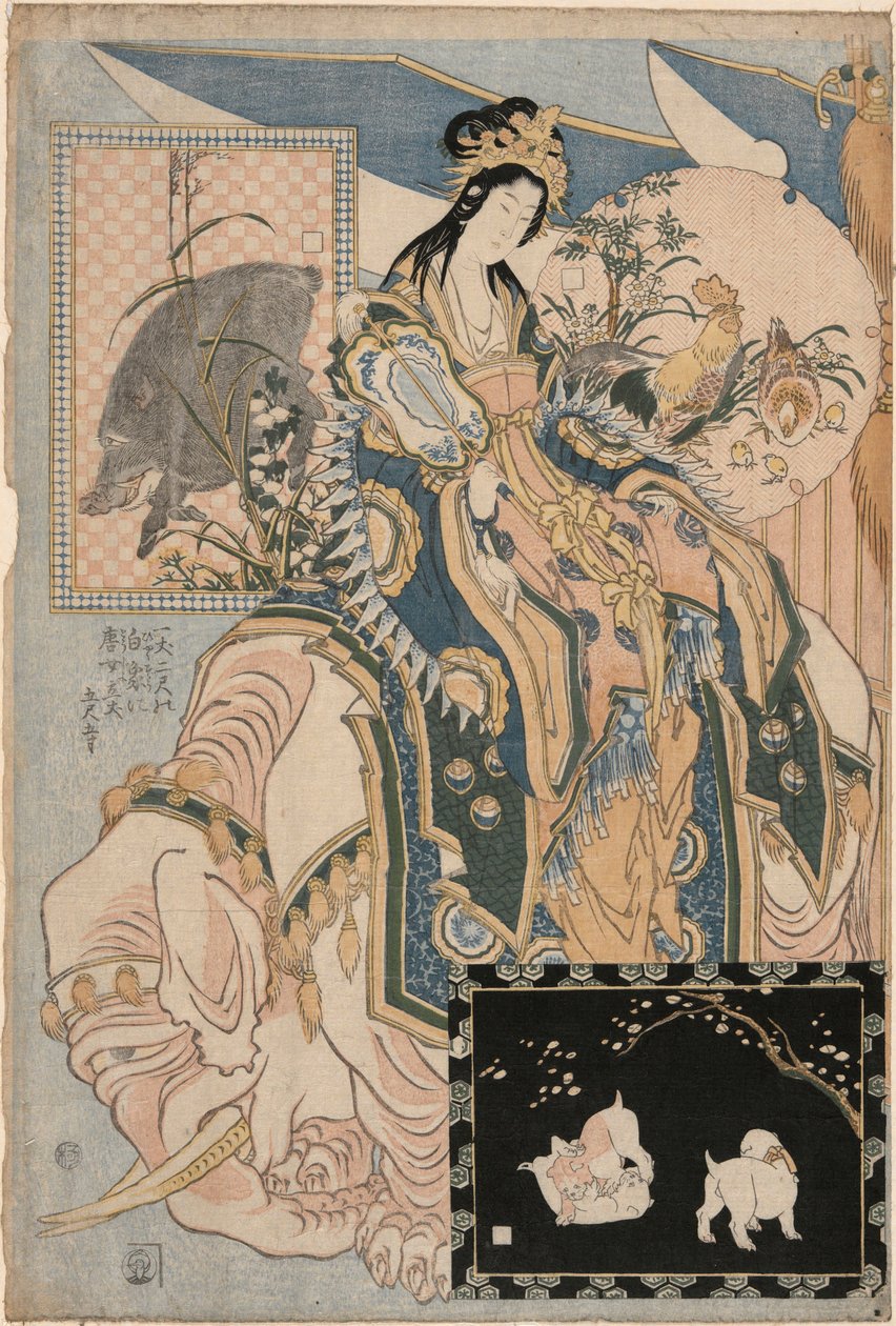Tang-Dame auf einem weißen Elefanten, aus einer Werbeserie für Giant Straw Works in einer Jahrmarktsattraktion von Katsushika Hokusai