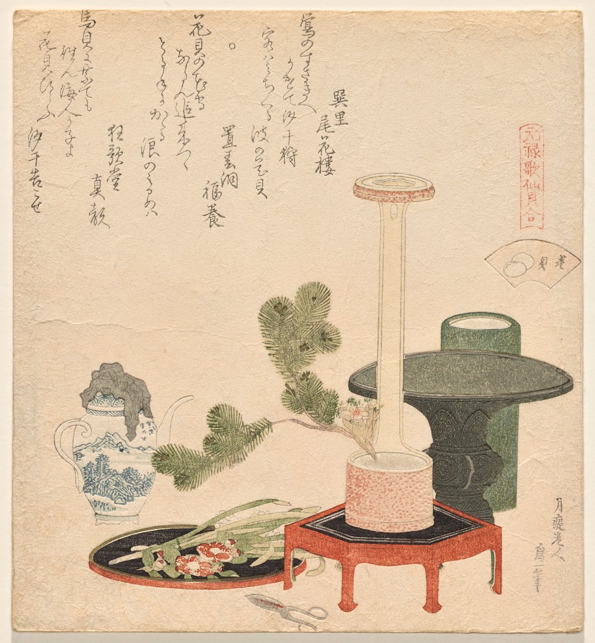 Die Blumenschalen, aus der Serie Genroku Gedicht-Muschel-Matching-Spiel von Katsushika Hokusai