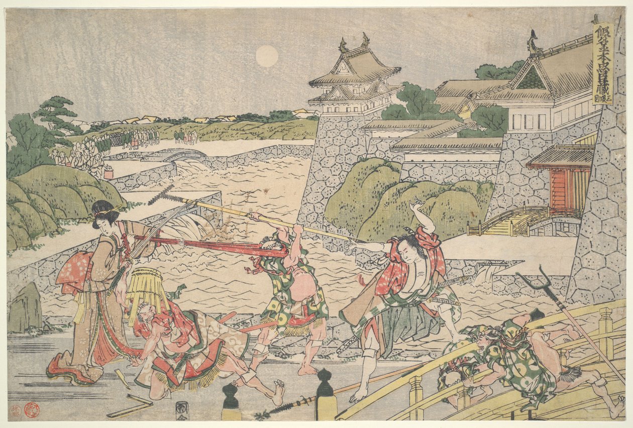 Die loyale Liga der siebenundvierzig Rōnin (Chūshingura), Akt III: Kampei wird von Bannai und seinen Männern angegriffen von Katsushika Hokusai