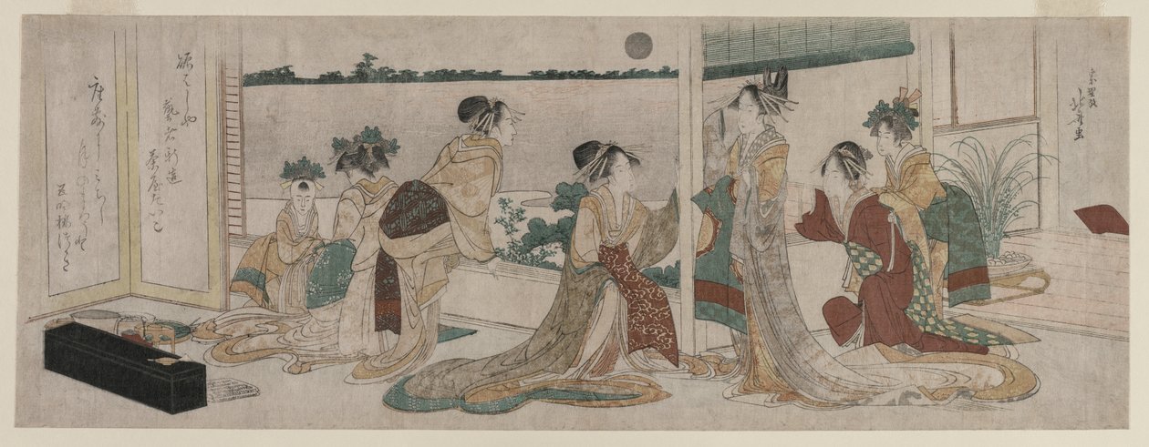 Tsukasa und andere Kurtisanen des Ogiya beobachten den Aufgang des Herbstmondes über Reisfeldern von einem Balkon in Yoshiwara von Katsushika Hokusai