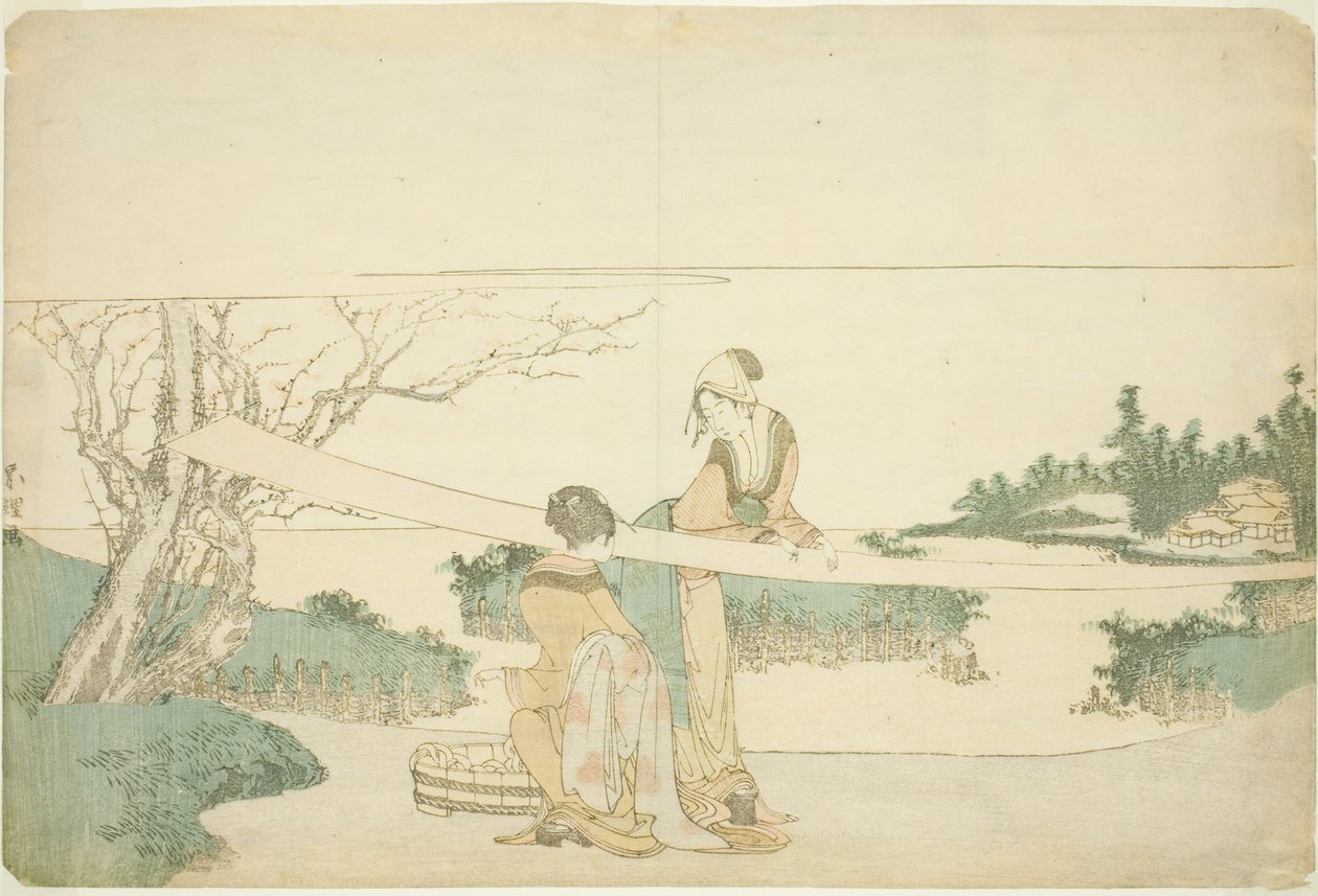Zwei Frauen, die Stoff dehnen von Katsushika Hokusai