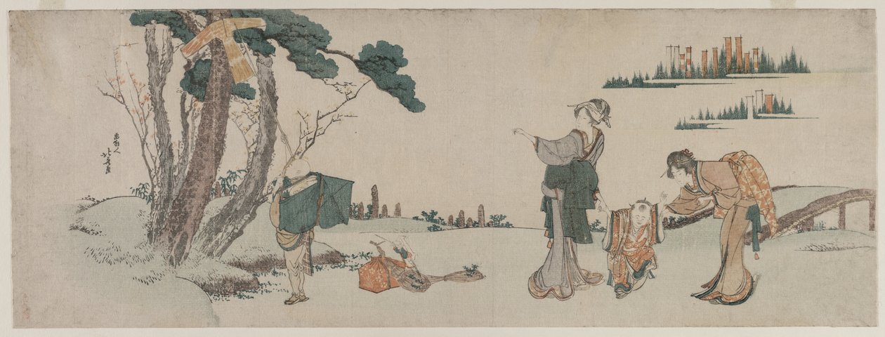 Frauen lenken ein Kind ab, dessen Drachen in einem Baum hängen geblieben ist von Katsushika Hokusai