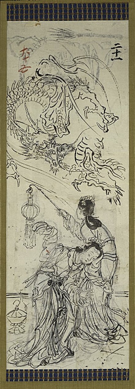 Zwei chinesische Frauen mit Drache, eine von sechs Skizzen von Kawanabe Kyosai