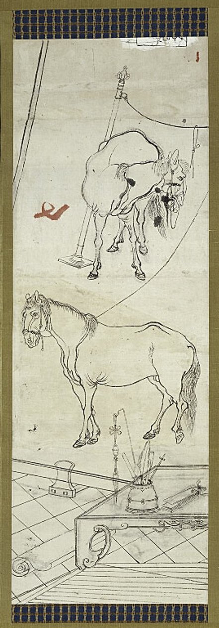 Zwei Pferde im chinesischen Stil, eine von sechs Skizzen von Kawanabe Kyosai