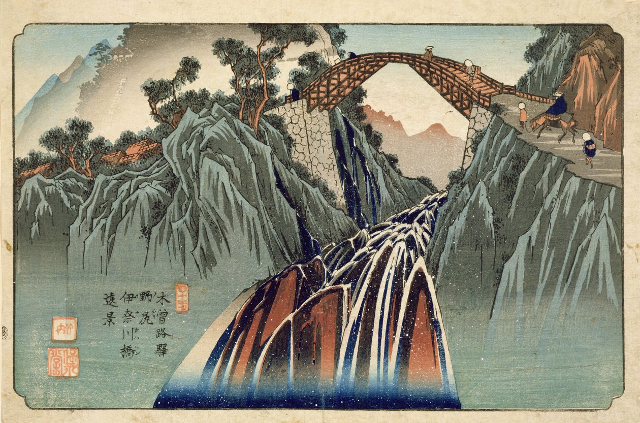 Inagawa-Brücke bei Nojiri, veröffentlicht von Hoeido und Kinjudo, späte 1830er Jahre von Keisai Eisen