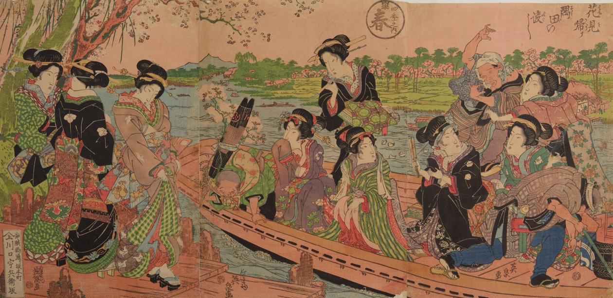 Fähre auf dem Sumida-Fluss / Hanami gaeri sumida no watashi, aus der Serie: Vier Jahreszeiten; Frühling von Keisai Eisen