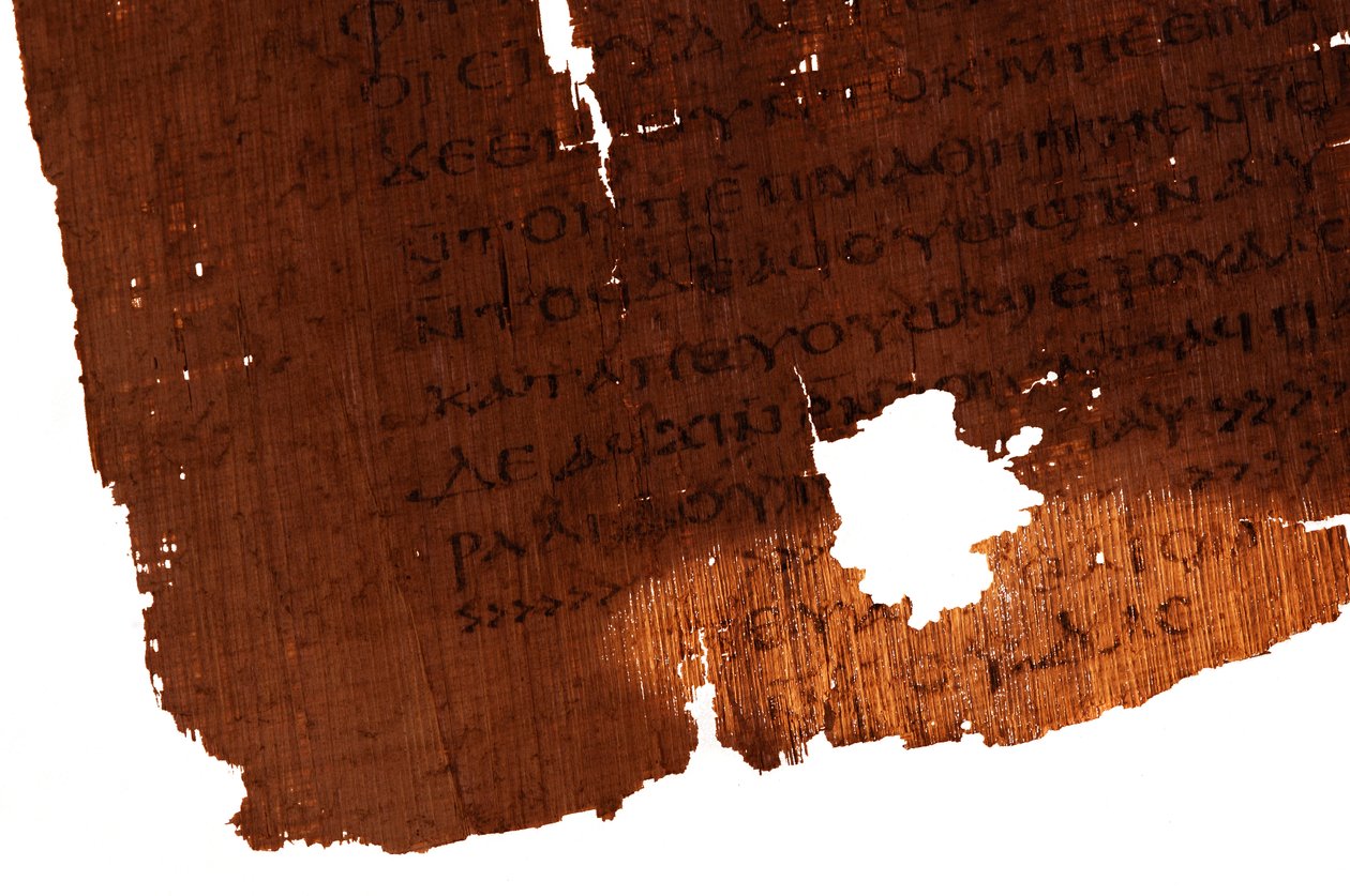 Detail der Schlussseite des Judas-Evangeliums, letzte Zeile des Textes lautet "Das Evangelium", 2006 (Foto) von Kenneth Garrett