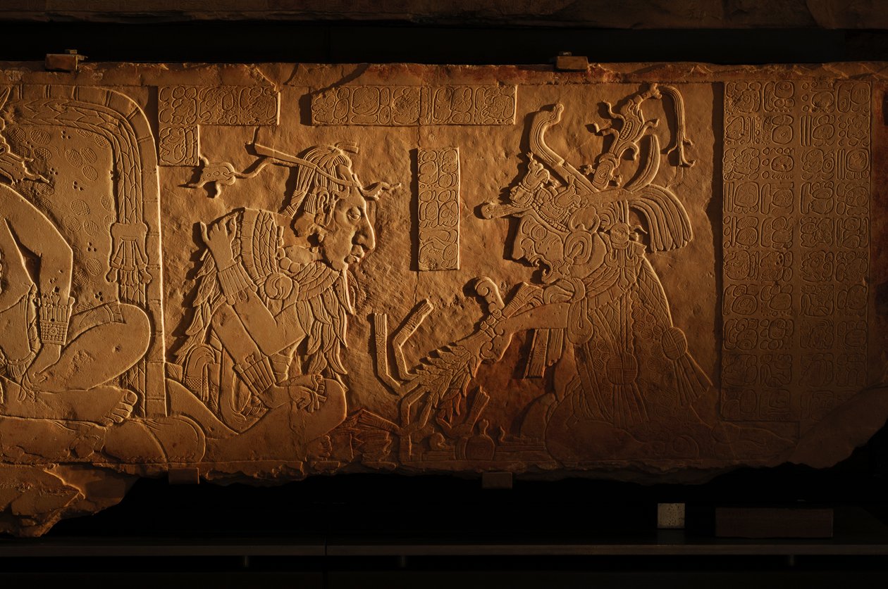 Tempel 21 Thronbank, Schnitzerei von König Akhal Mo Nab, Palenque, Mexiko, 2005 von Kenneth Garrett