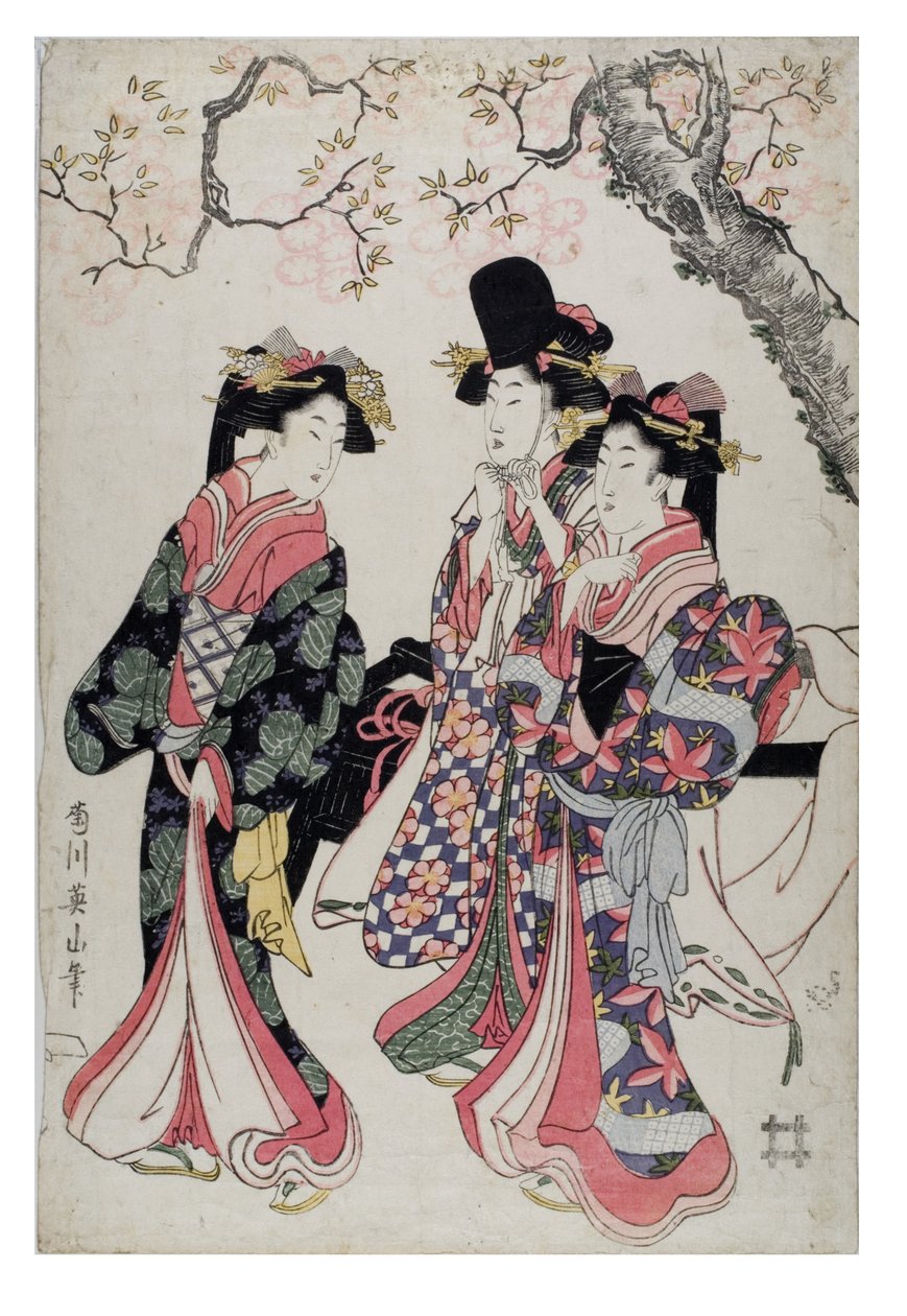 Drei Kurtisanen gehen unter einem blühenden Kirschbaum. Gekleidet in Hofkostümen, ca. 1790-1815 von Kikugawa Eizen