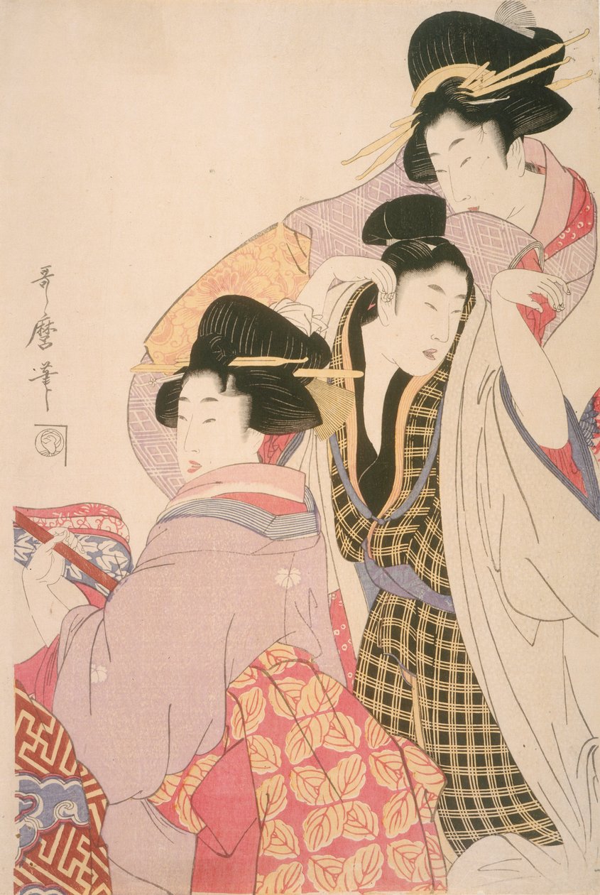 Zwei Geishas und ein beschwipster Kunde von Kitagawa Utamaro