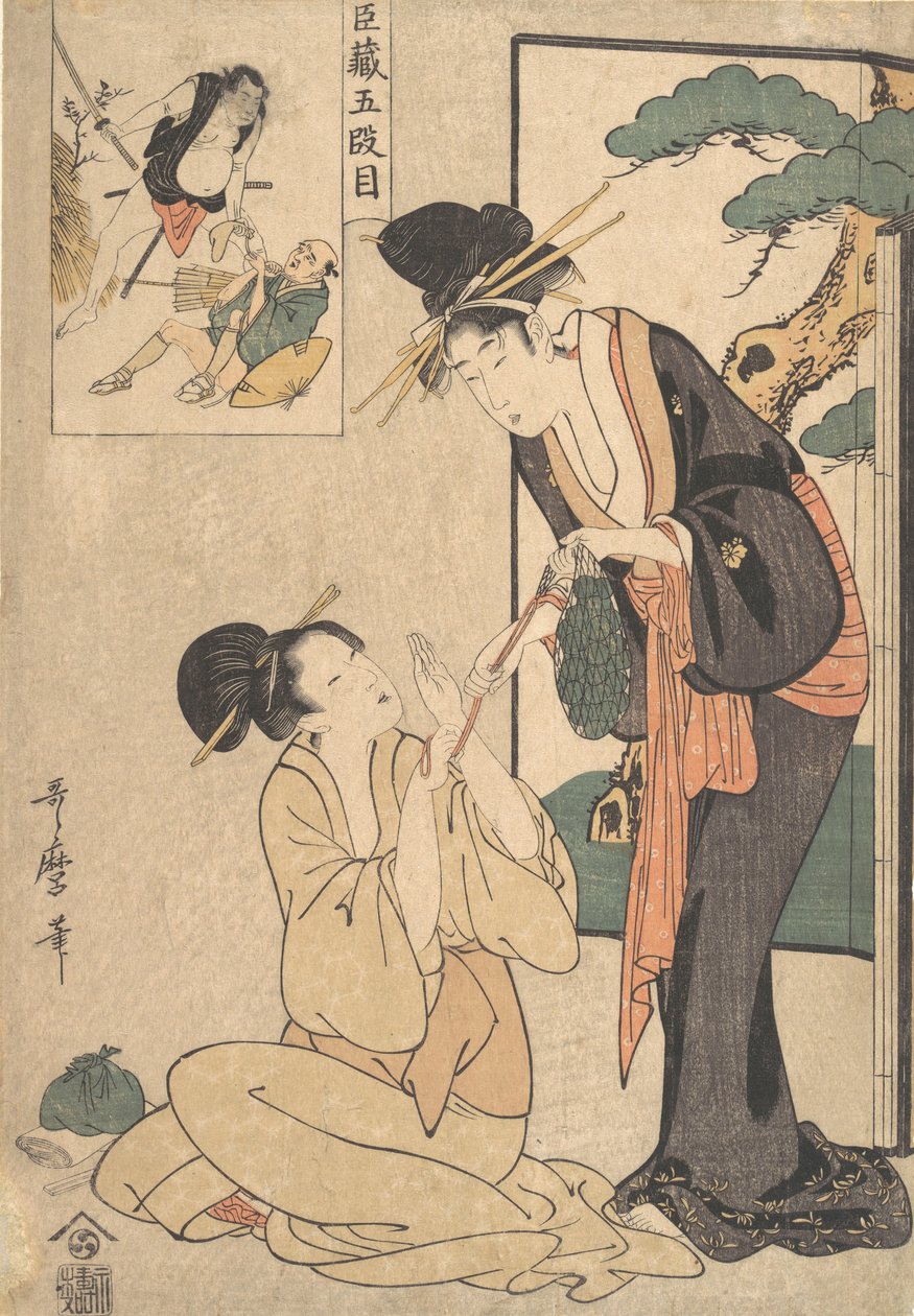 Eine Frau reißt ihrer Mutter eine Tüte Süßigkeiten aus der Hand von Kitagawa Utamaro
