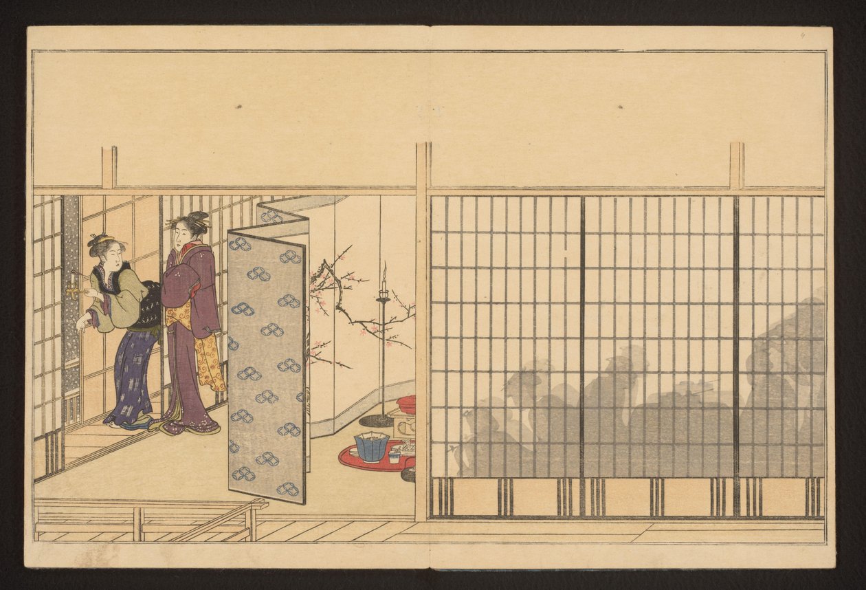 Eine Party in einem Haus mit zwei Frauen links von Kitagawa Utamaro