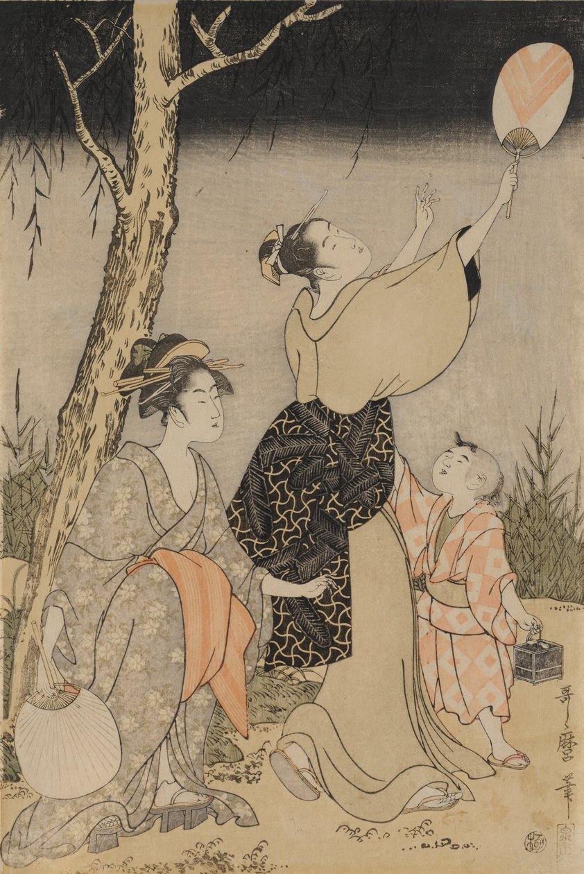 Glühwürmchen fangen unter einem Weidenbaum links, ca. 1796-1797 von Kitagawa Utamaro