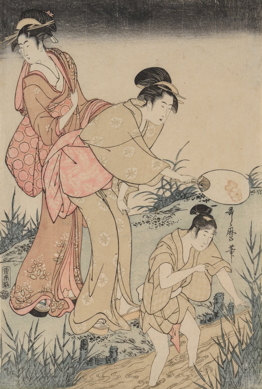 Glühwürmchen fangen unter einer Weide rechts, um 1796-1797 von Kitagawa Utamaro