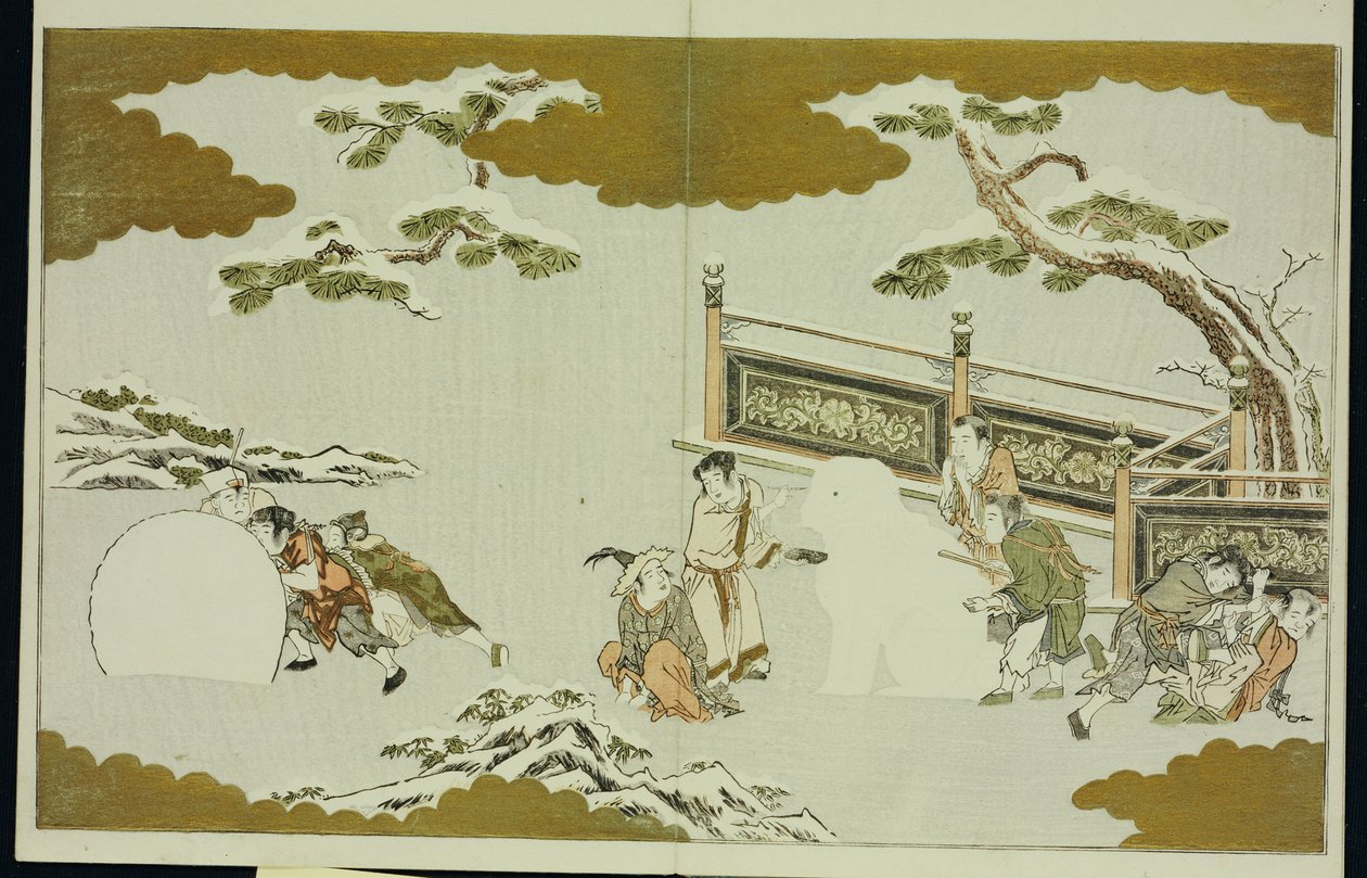 Kinder, die einen Schneeshishi machen und einen Schneeball rollen, aus "Die Silberwelt" von Kitagawa Utamaro