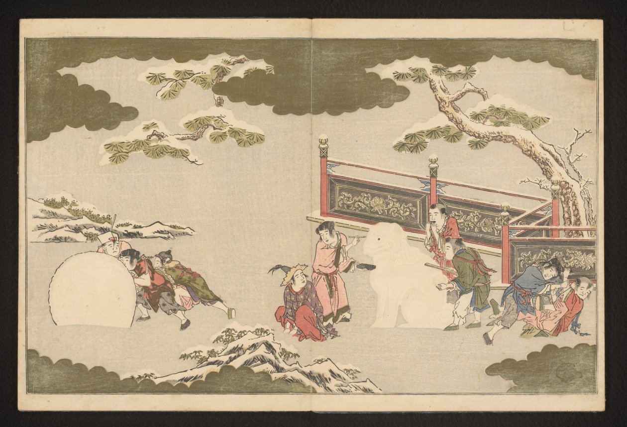 Chinesische Jungen spielen im Schnee von Kitagawa Utamaro