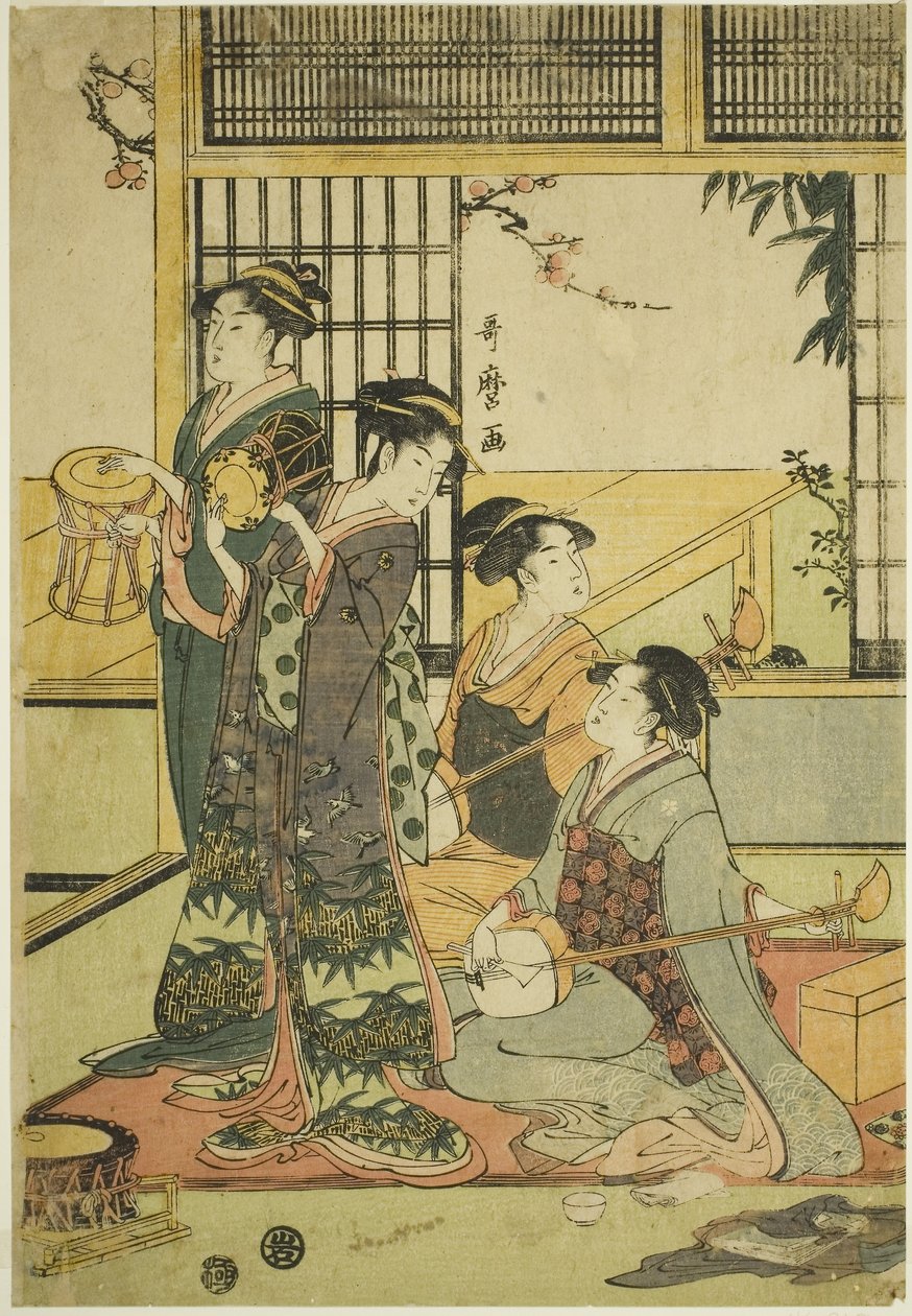 Trommeln und Shamisen von Kitagawa Utamaro