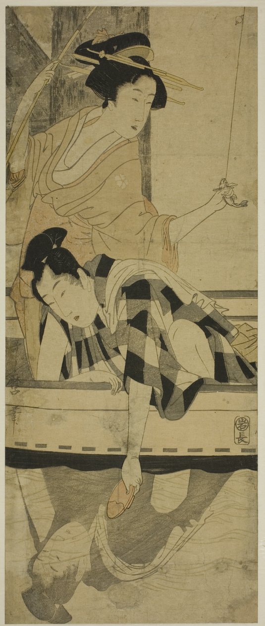 Angeln unter einer Brücke von Kitagawa Utamaro