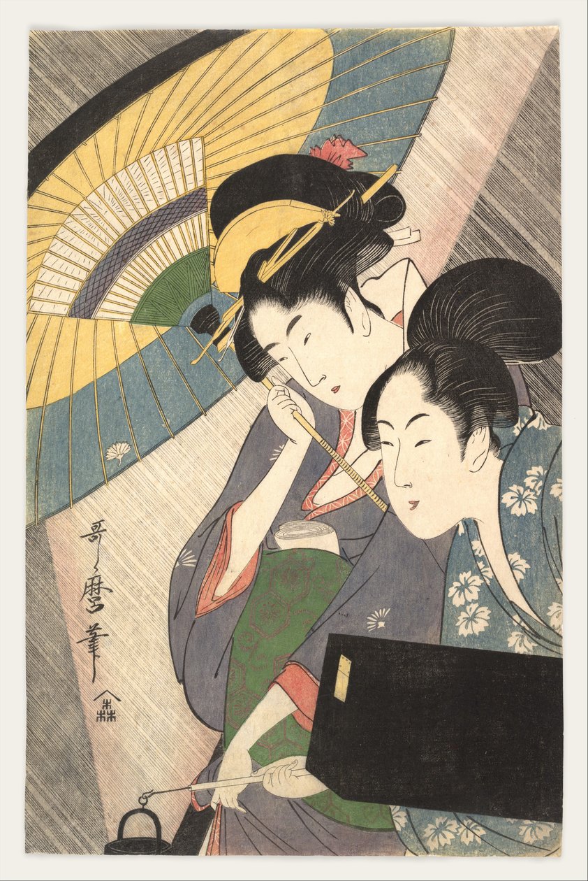 Geisha und Begleiterin in einer regnerischen Nacht von Kitagawa Utamaro