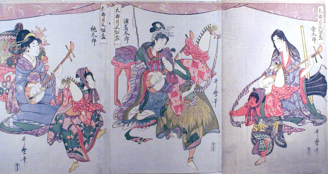 Kintaro, Urashimataro und Momotaro, aus dem Triptychon "Set of Three Sake Cups for the First Month (Tarozuki mitsugumi sakazuki)" von Kitagawa Utamaro