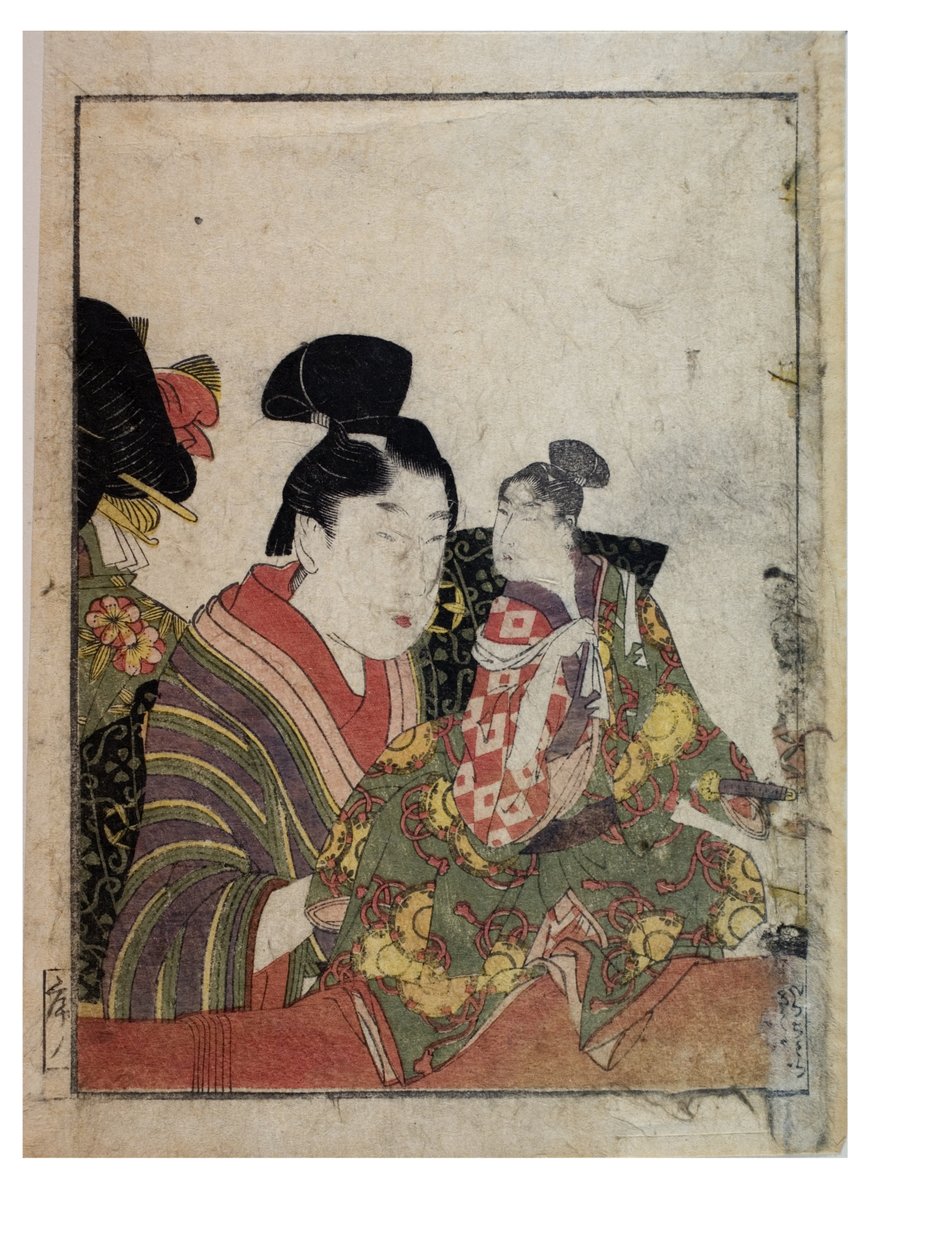 Marionettenszenen mit männlichen und weiblichen Manipulatoren von Kitagawa Utamaro