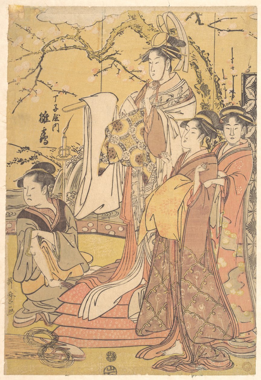 Die Oiran Hinazuru von Chojiya auf einem Stapel Futon stehend von Kitagawa Utamaro
