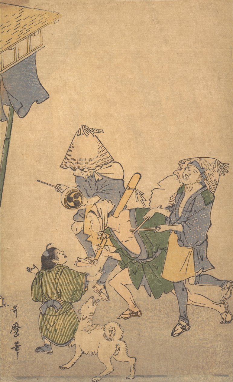 Drei Feiernde der unteren Klassen, die Komuso-Hüte tragen..., spätes 18. bis frühes 19. Jahrhundert von Kitagawa Utamaro