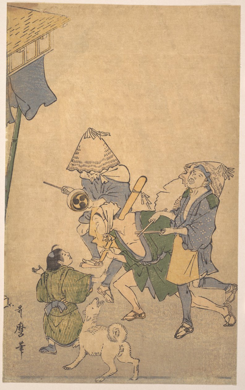 Drei Feiernde der unteren Klassen, mit Komuso-Hüten, mit kleinem Jungen und Hund von Kitagawa Utamaro