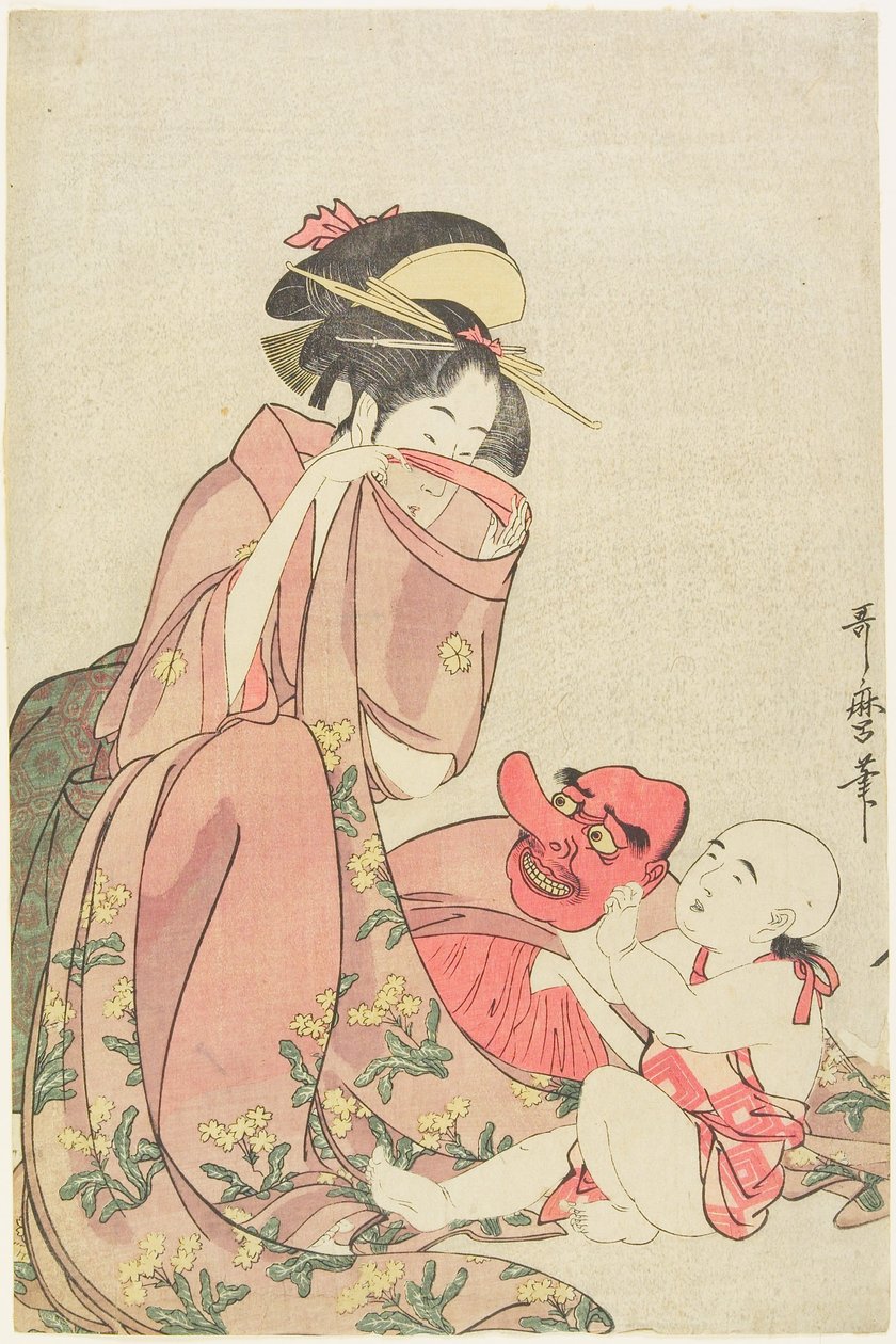 Frau spielt mit einem Kind mit einer Tengu-Maske von Kitagawa Utamaro