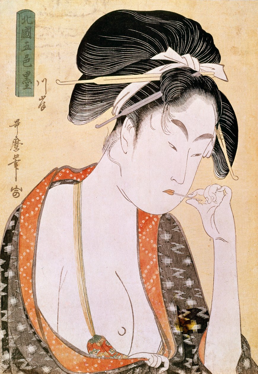 Frau, die sich die Lippen wünscht. Japanischer Druck von Utamaro Kitagawa (1753-1806). 18. Jahrhundert. Paris, Guimet Museum, Museum für asiatische Künste von Kitagawa Utamaro