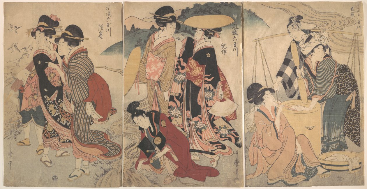 Frauen und ein Mann auf dem Land; Ein Umzug(?) von Kitagawa Utamaro