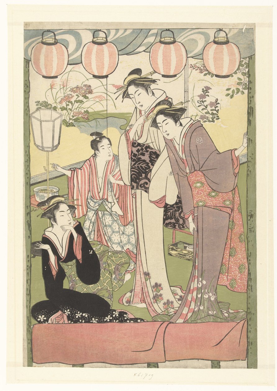 Drei Frauen und ein Junge unter Laternen von Kitao Masanobu (attributed to)